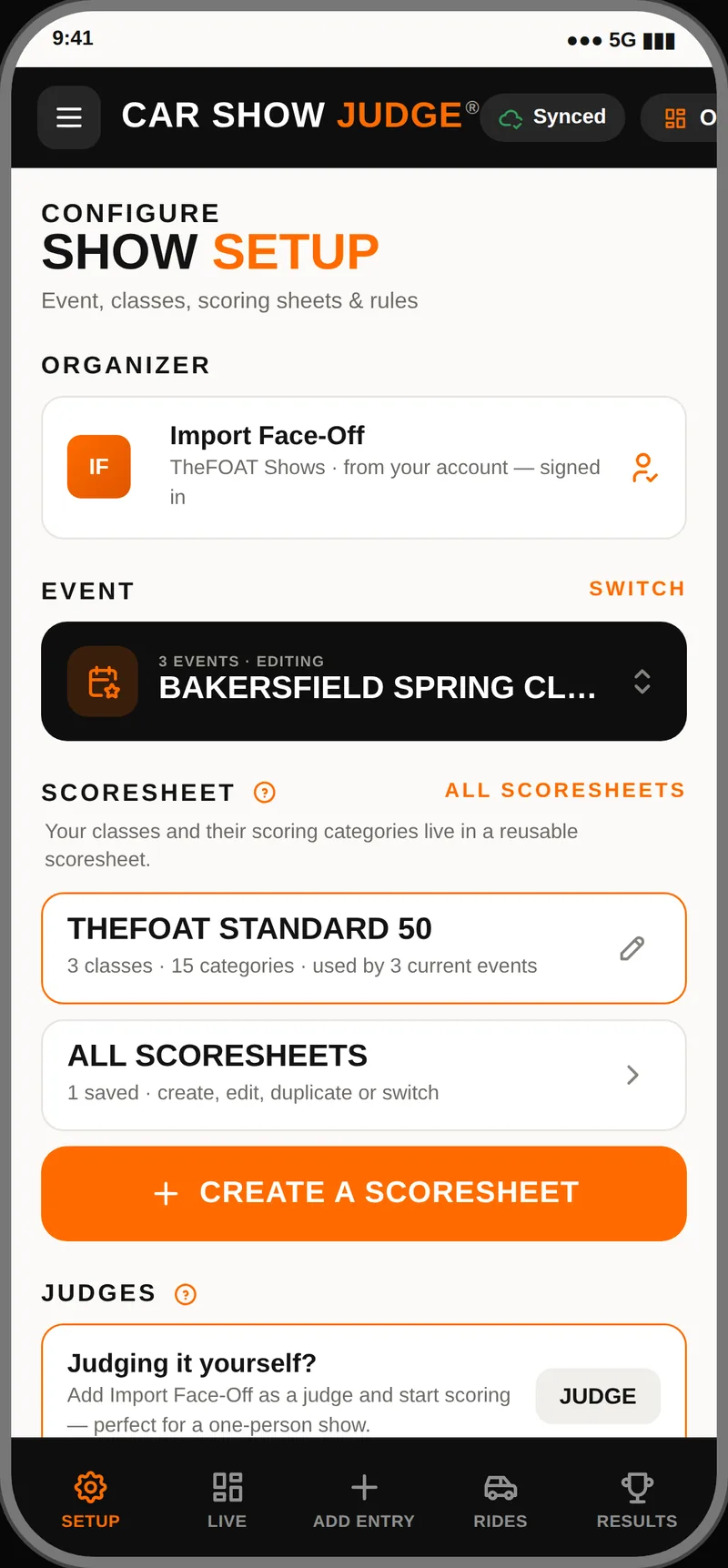 Car Show Judge app screen: show setup and judging style