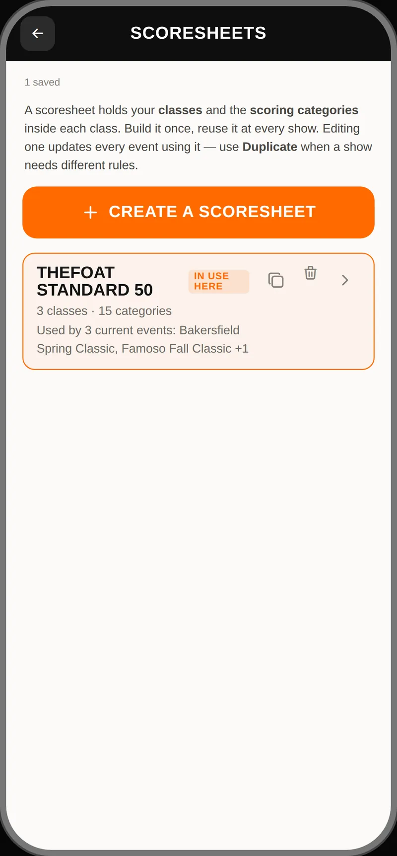 Car Show Judge app screen: reusable scoresheets