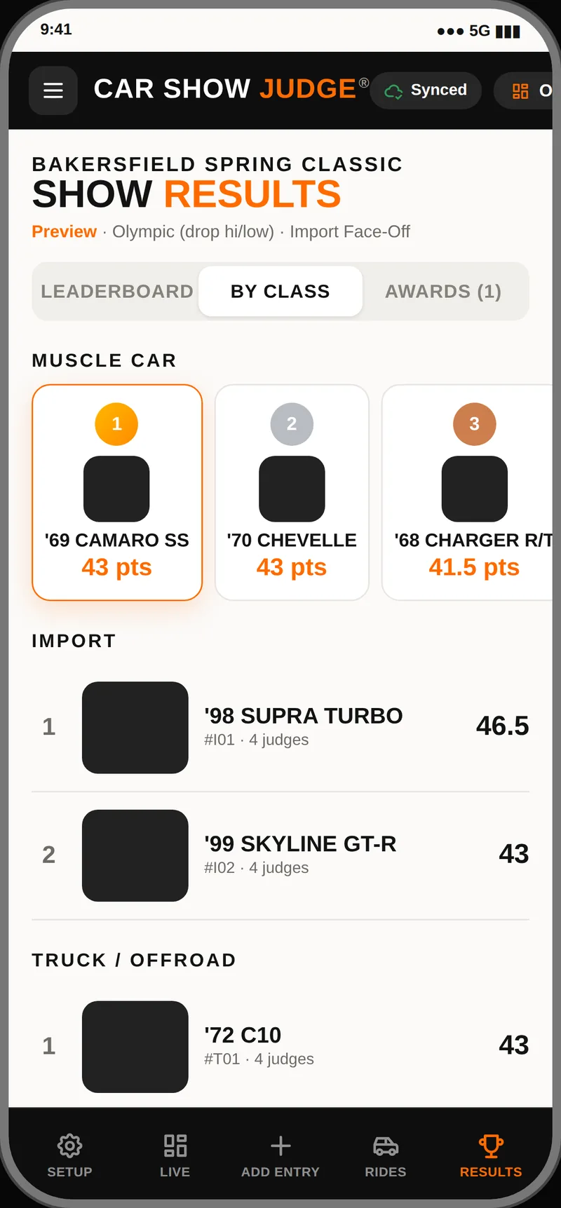 Car Show Judge app screen: placements by class