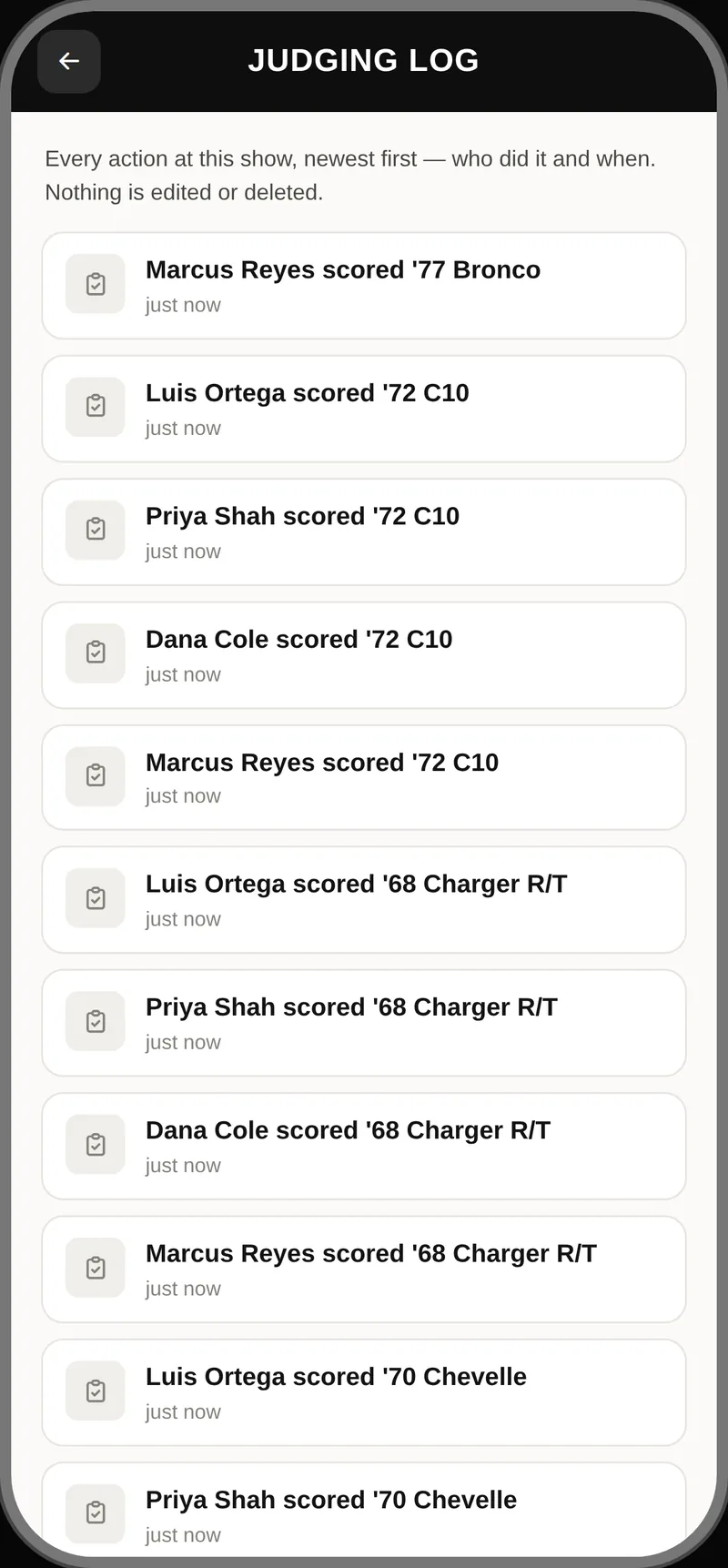 Car Show Judge app screen: the Judging Log audit trail