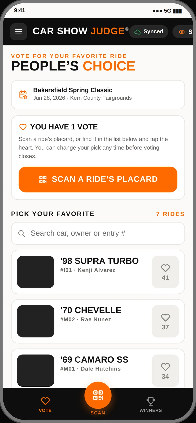 Car Show Judge app screen: People's Choice voting