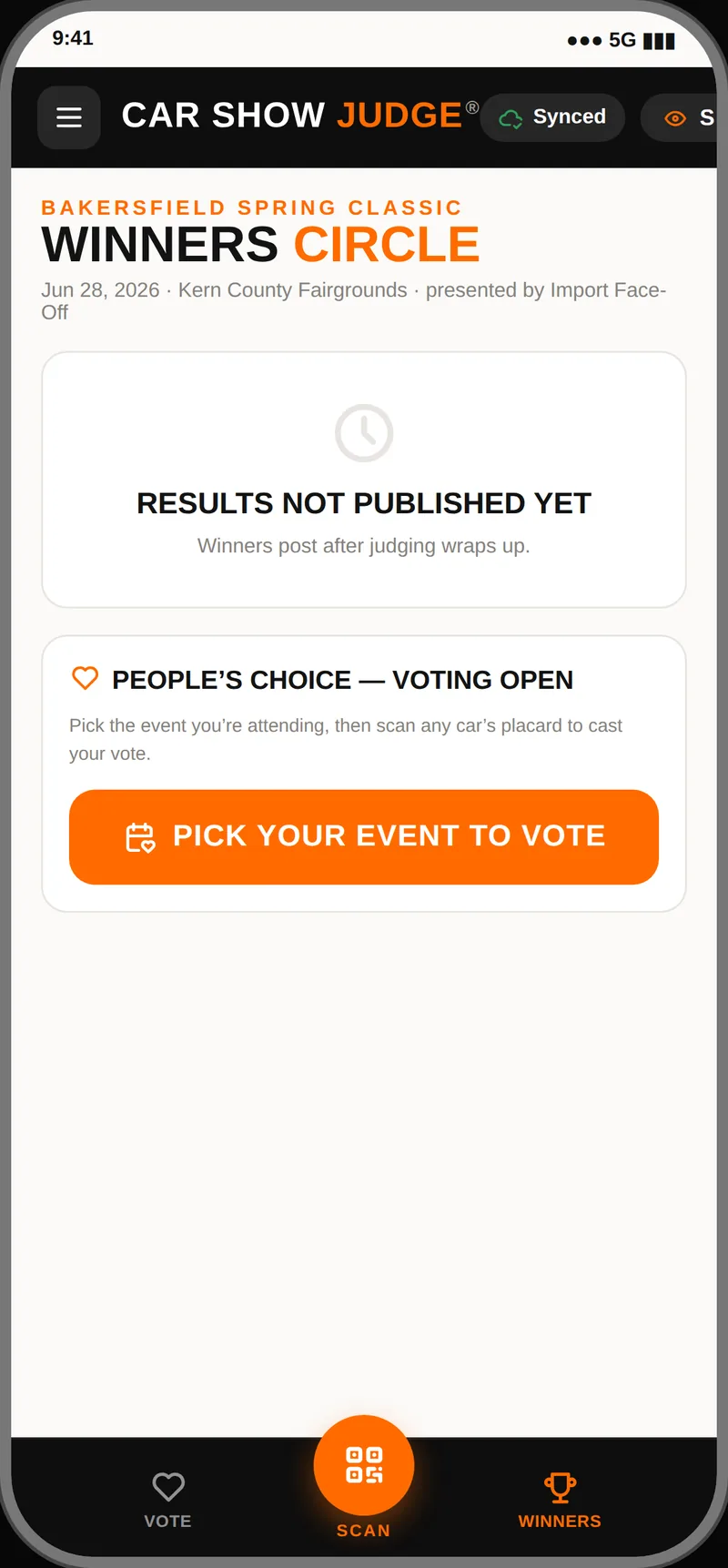 Car Show Judge app screen: winners published